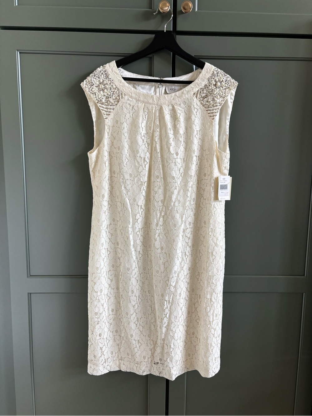 NWT ECI Women’s Lace Ivory Sleeveless Mini Dress, Beads And Pearls, Lined, 14